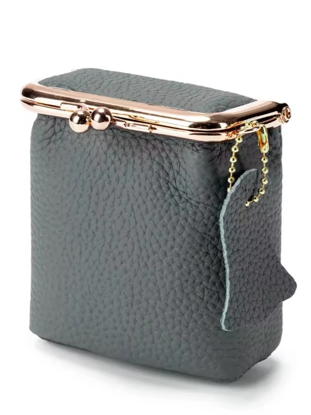 Leather Kiss-Lock Coin Purse - Gray